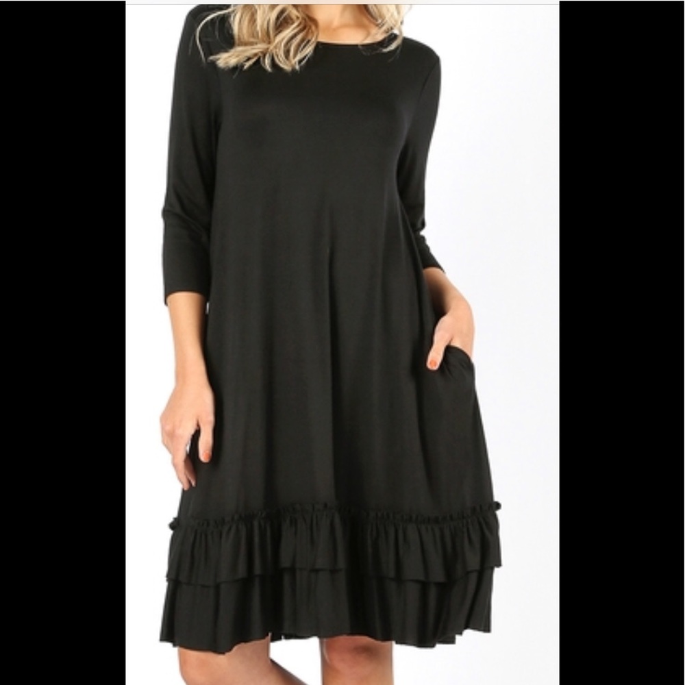 3/4 sleeve round neck ruffle hem dress